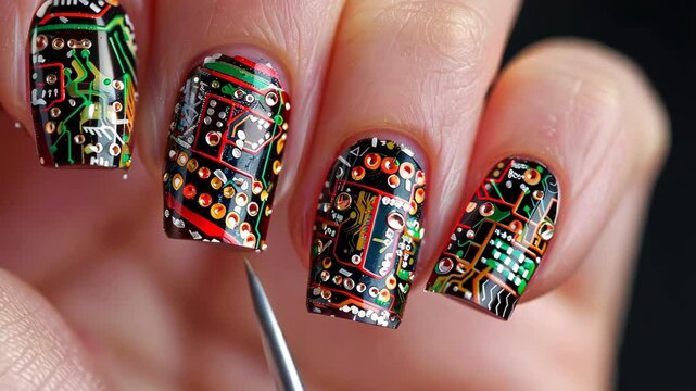 Embrace the fusion of technology and fashion with semiconductor nail art, Ai Generated.