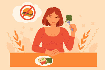 Smiling woman eating healthy vegetables and refusing fast food. Concept of clean eating and diet improvement. Stock vector illustration in cartoon style.