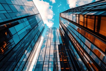 Upward Gaze at Towering Glass Skyscrapers Reflecting Sky, Presenting Sleek Architecture, Modern Design, and Urban Majesty