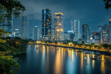 Obraz premium River reflects towering buildings illuminated at twilight: a tranquil cityscape with lights