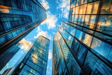 Obraz premium Skyscrapers reaching towards the sky with glass facades reflecting sunlight and clouds, architectural cityscape with modern design