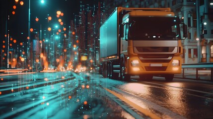 Smart Logistics and Freight Transport at Night, Futuristic Concept of Big Data Analytics, AI, and Supply Chain Optimization in Urban Trucking Infrastructure.