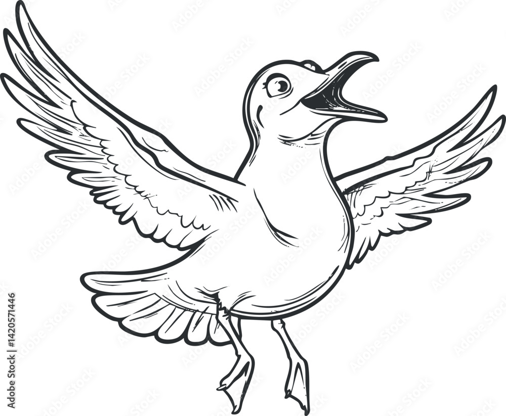 Poster a playful sketch of a bird in flight with outstretched wings and an expressive face.
