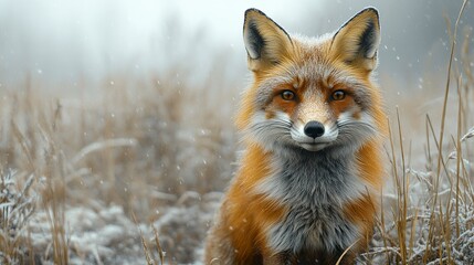 Obraz premium Close-up wildlife portrait of red fox in open grassland, foggy background with soft focus 