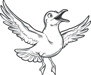 Fototapeta premium A playful sketch of a bird in flight with outstretched wings and an expressive face.