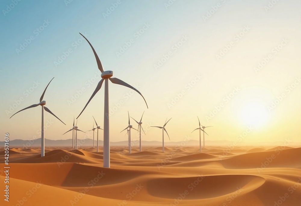 Poster in a serene desert landscape, wind turbines spin gently as the sun sets, casting golden hues on the 
