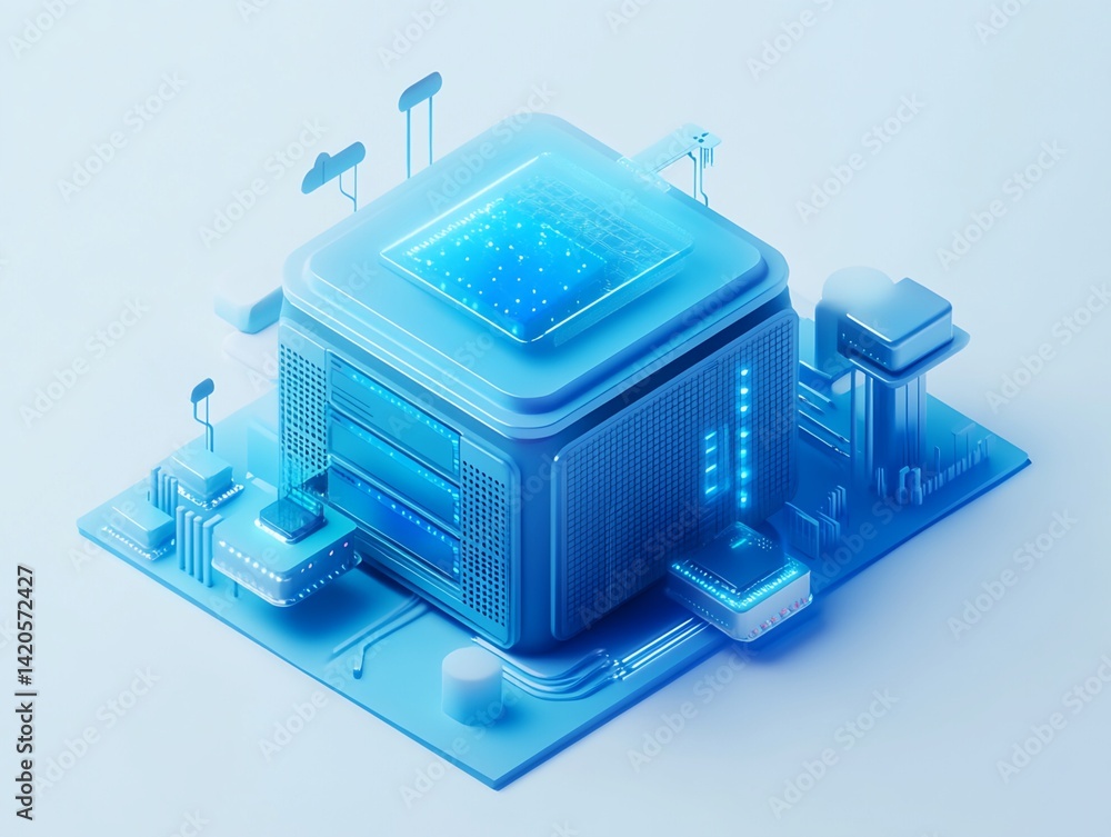 Poster 3d model: server cube with integrated circuitry and cloud connections
