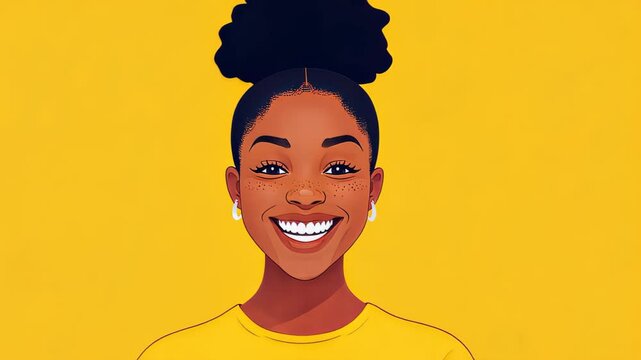 A cheerful young womans cartoon avatar radiates joy, featuring a clean design with vibrant colors and a fun expression.