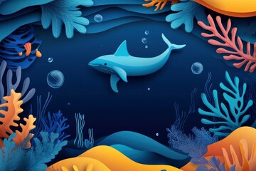 Dolphin in the Ocean with Corals and Bubbles