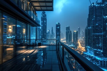 Fototapeta premium High-Rise Apartment Balcony View of a Futuristic Urban Cityscape at Dusk