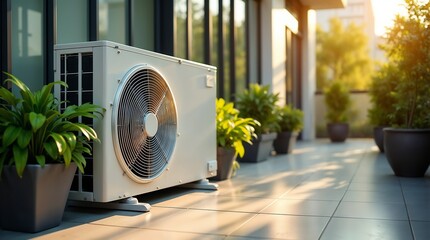 An outdoor air conditioning unit placed on a modern patio surrounded by plants in pots, creating an impression of energy efficiency and environmental compatibility.

