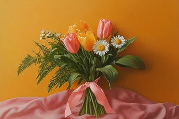 Vibrant spring bouquet with tulips, daisies, and ferns.