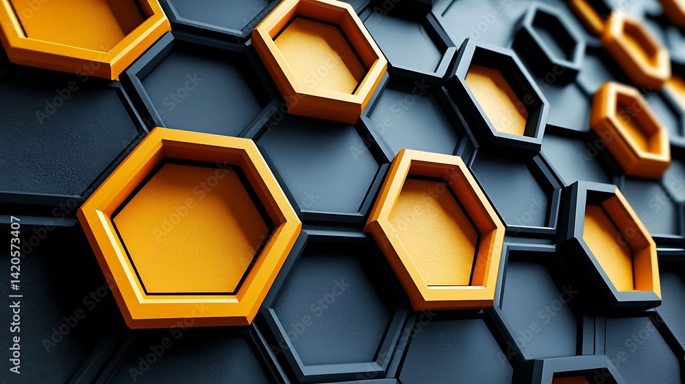 Poster abstract honeycomb pattern in orange and black, 3d rendering