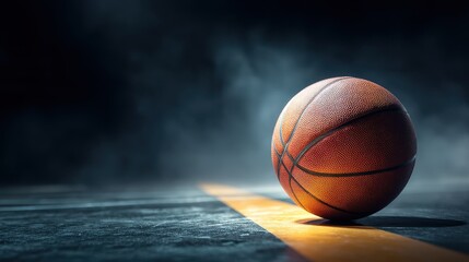 Banner sports tournament Basketball, ball on dark background court, copy space.