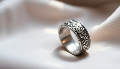 Elegant silver ring with intricate pattern resting on a silk fabric
