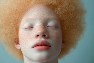Fototapeta premium Albino Woman with Freckles Closes Eyes