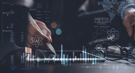 Data engineering with AI, digital technology, software development. Computer programmer working with digital tablet with big data management and internet global network, data analytics