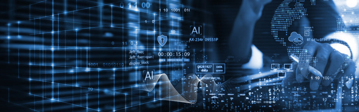 Data science and engineering, AI, digital technology, futuristic tech background. Software engineer working with database and big data analytics connecting with data center, cloud computing - Powered by Adobe