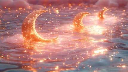Three Crescent Moons Rising Above The Water Surface With Stars Photo