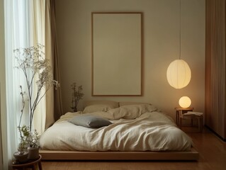 A bedroom with a white bed and a white wall. A lamp is on the bed