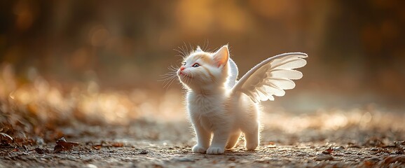 Adorable kitten with angel wings standing on a path in a sunlit forest