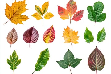 Variety of Different Shaped and Colored Leaves on White Background