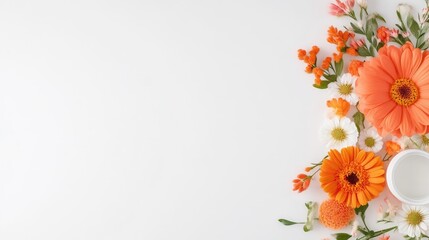 A white cup surrounded by vibrant orange and white daisies, arranged artistically on a clean white background, and floral decoration concept.