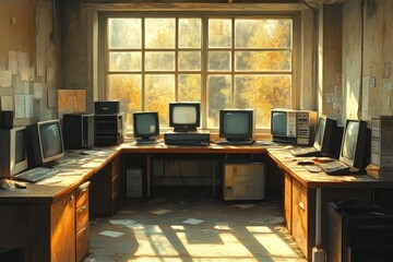 Fototapeta premium Abandoned Office with Vintage Computers and Sunlit Windows