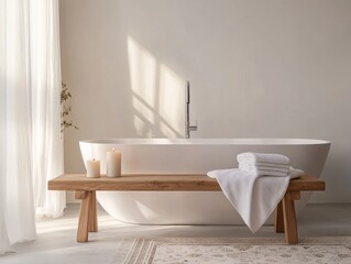A large white bathtub is situated in a bathroom with a wooden bench and a white towel. The bench is positioned next to the bathtub, creating a cozy and inviting atmosphere. The bathroom is well-lit