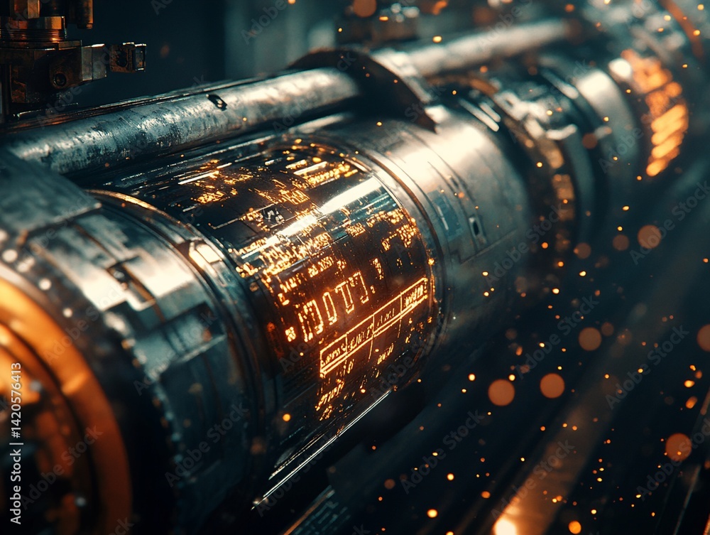 Aufkleber close-up of futuristic metallic cylinder with illuminated data display