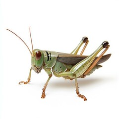 Close-up of a vibrant green grasshopper, isolated on a pure white background. Detailed view of its intricate body and textures.