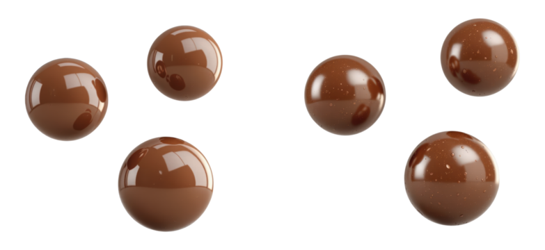 Delicious Dark Chocolate Candy Balls with Glossy Surface and Sweet Confectionery Spheres Flying in Space Isolated on Transparent and White Background