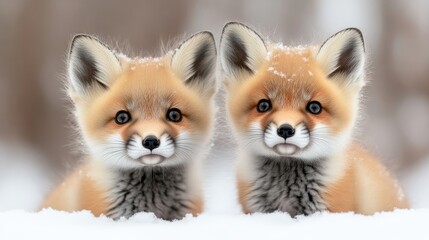 Obraz premium Two adorable fox kits peeking out from snowy landscape, close-up portrait with soft winter light, and natural wildlife scene in forest setting.