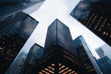 Fototapeta premium Upward Gaze at Modern Skyscrapers in the Financial District, Emphasizing Architectural Grandeur and Urban Landscape.