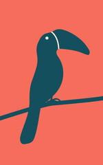Flat vector illustration of a tropical toucan on a branch. Bold retro color palette. Perfect for summer prints, greeting cards, stickers, travel ads, logo, icon, and exotic-themed design.