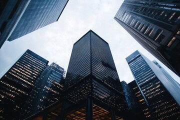 Worm's eye view of dark skyscrapers in a financial district against a cloudy sky