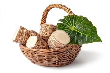 Taro Root in Basket with Leaf Still Life