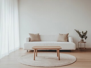 A white couch with two pillows and a coffee table in the middle. The coffee table is wooden and has a vase on it