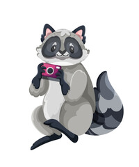 Cute vector clipart of a funny raccoon with pink photo camera on white background, designed in a simple and adorable style