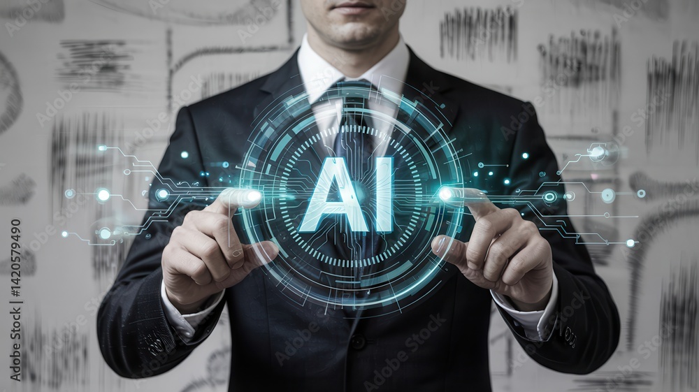 Poster businessman interacting with futuristic ai interface, touching virtual holographic display with glow