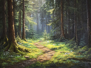 Obraz premium Sunlit Forest Path A Magical Walk Through Lush Greenery