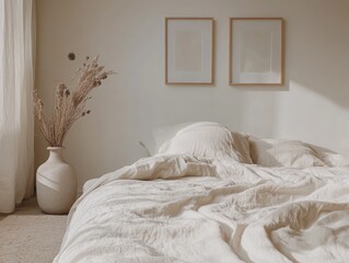 A bed with a white sheet and a vase with flowers on a table. The vase is white and has a brown base