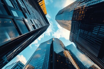 Upward View of Modern Skyscrapers Against a Bright Blue Sky with Clouds