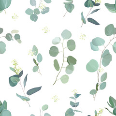 Eucalyptus selection greenery print with leaves and plants. Botanical pattern design. Mint, green, gray, sage, dusty blue watercolor tones. Seamless vector pattern. Simple backdrop on white background