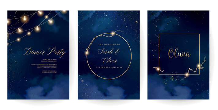 Magic night dark blue frames with sparkling glitter bokeh and light art. Square vector wedding cards. Gold confetti and navy backgrounds. Golden scattered Christmas dust. Fairytale magic star template