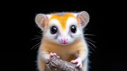 Obraz premium Adorable, small mammal with big eyes and a soft, light orange-cream coat, resting on a dark branch