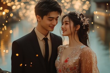 Romantic Couple in Formal Attire Sharing an Intimate Moment by the Water