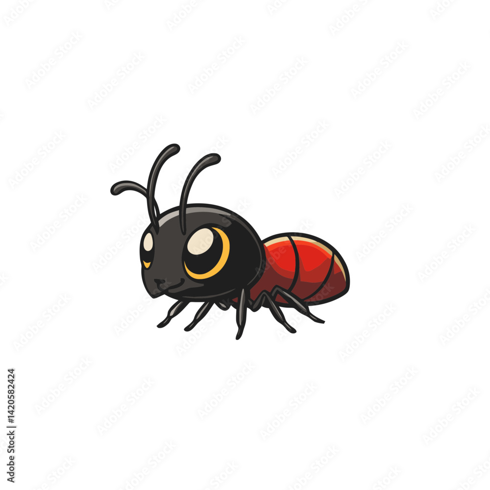 Poster simple flat cartoon ant design showcasing a friendly and cute character with a vivid color scheme
