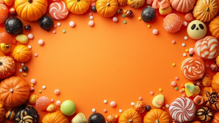 Fototapeta premium Colorful Halloween frame with spooky candy and decorations on bright orange backdrop 