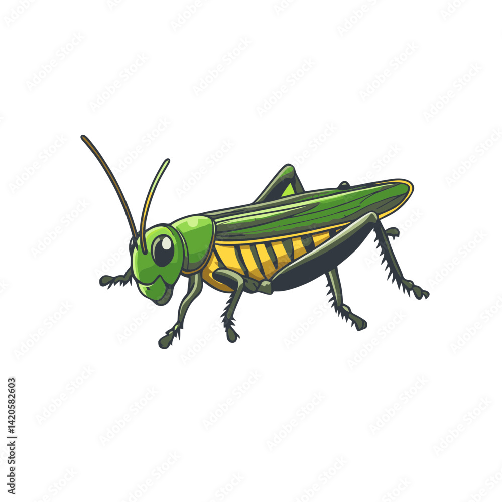 Poster cartoon representation of a grasshopper in vibrant colors featuring simple design elements